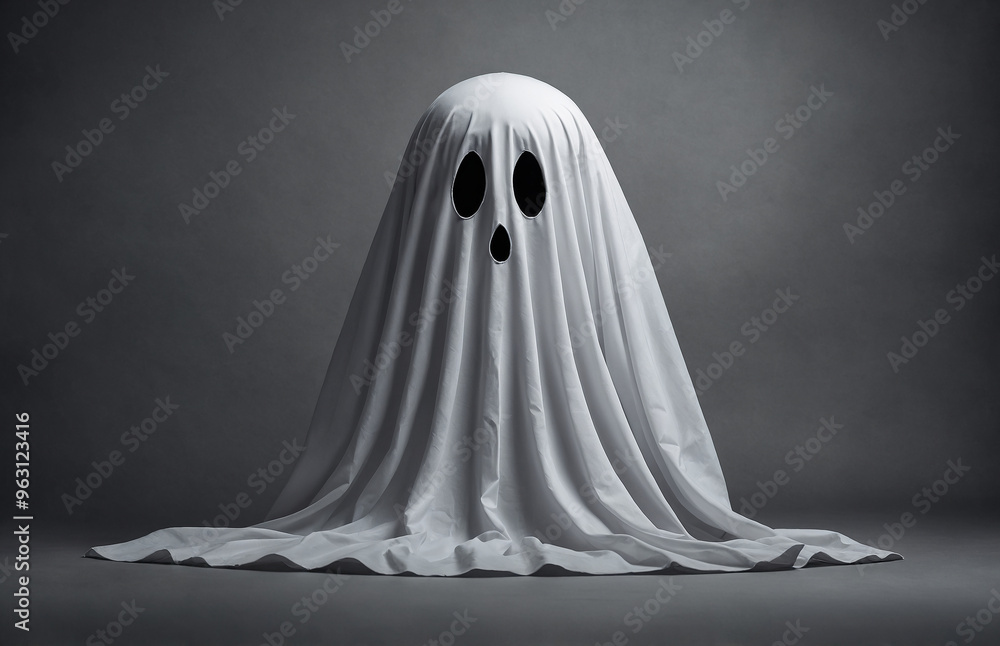 Single spooky ghost icon with a white sheet and blank expression on a gray background Single spooky ghost icon with a white sheet and blank expression on a gray background