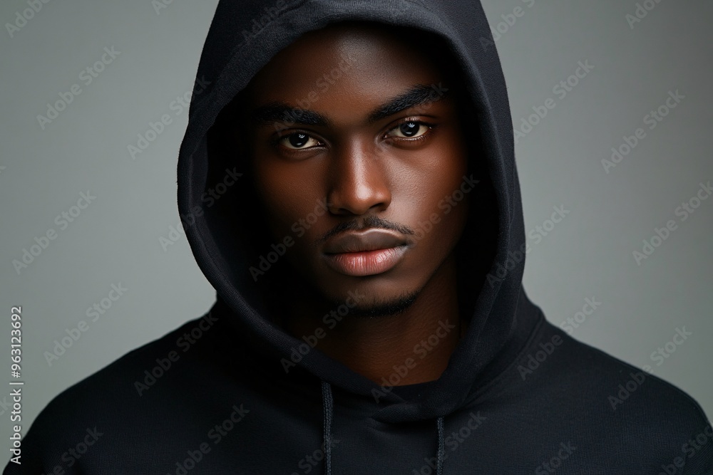 Portrait of a young man wearing a black hoodie with an intense expression against a gray background Portrait of a young man wearing a black hoodie with an intense expression against a gray background