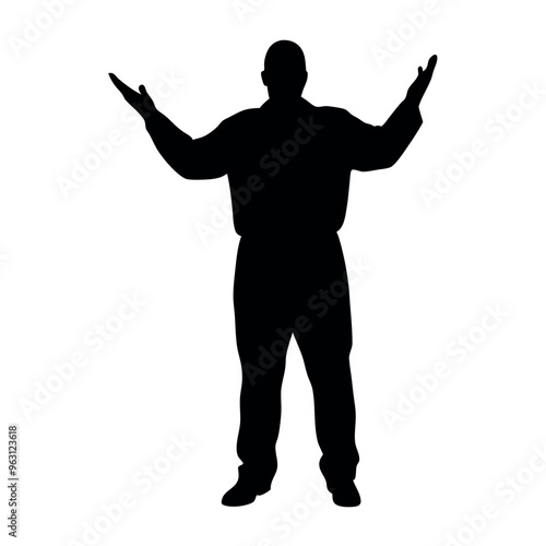 a fatty business man standing in an excited pose. The silhouette should be in black colour, isolated on a white background
