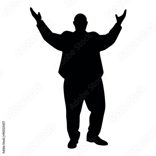a fatty business man standing in an excited pose. The silhouette should be in black colour, isolated on a white background