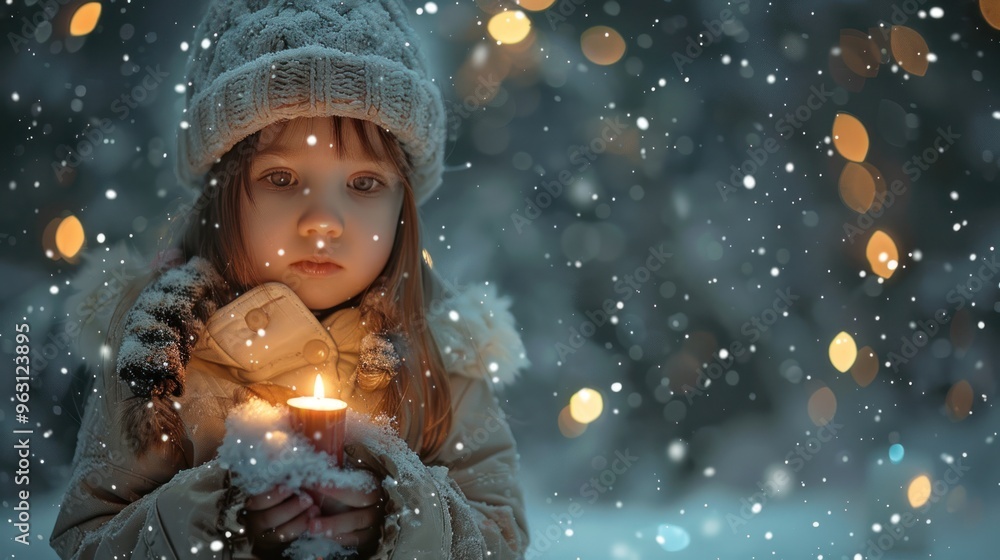 A cute little girl holds a lit candle amidst the white snow. A cute little girl holds a lit candle amidst the white snow.