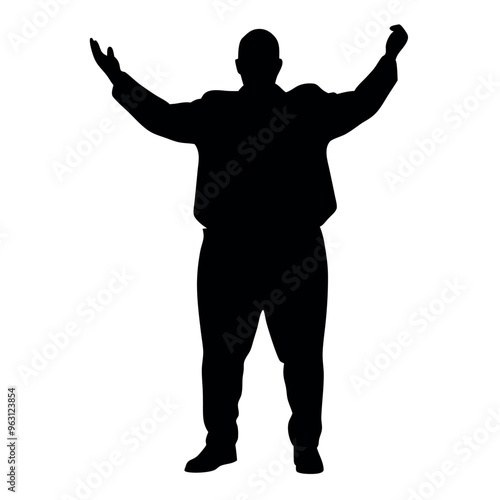 a fatty business man standing in an excited pose. The silhouette should be in black colour, isolated on a white background