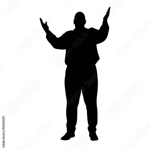 a fatty business man standing in an excited pose. The silhouette should be in black colour, isolated on a white background