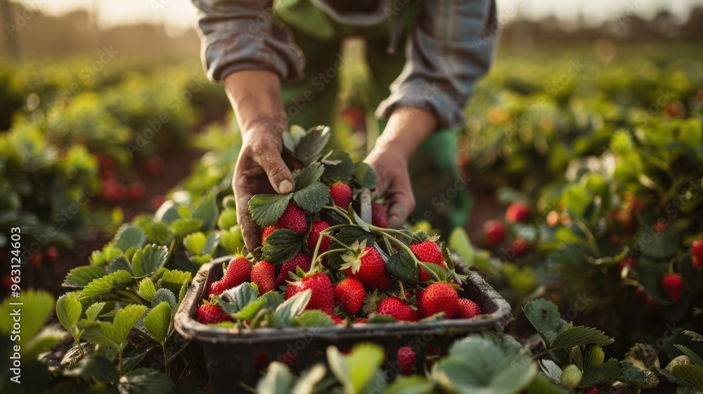 Fototapeta premium Close-up of people picking strawberries in a field.