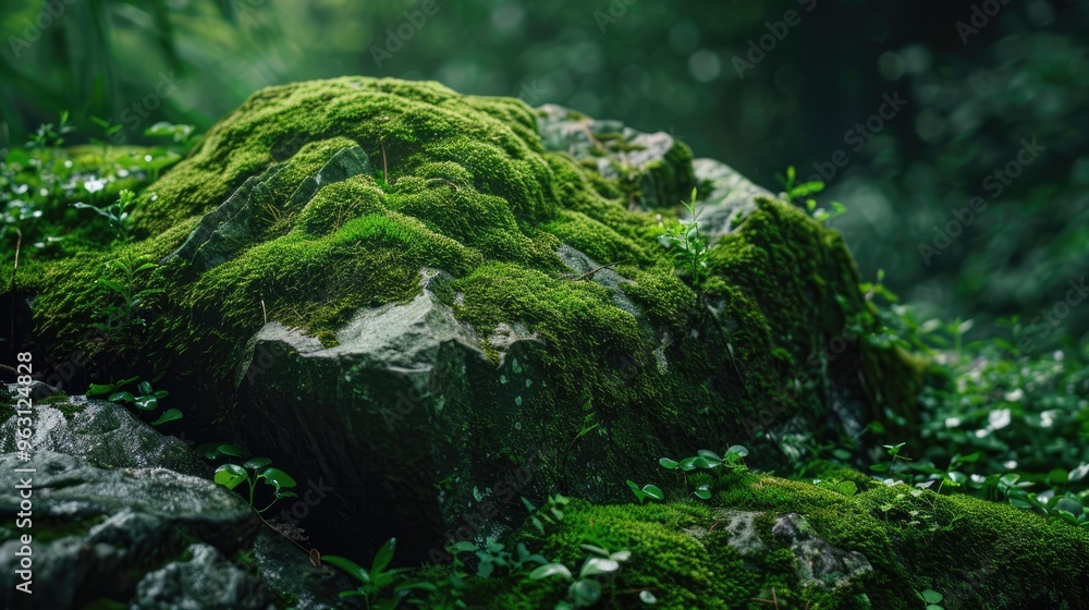 Green moss-covered stone in forest setting with wide banner and space for design and product. Natural beauty theme for website header. Green moss-covered stone in forest setting with wide banner and space for design and product. Natural beauty theme for website header.