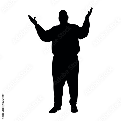 a fatty business man standing in an excited pose. The silhouette should be in black colour, isolated on a white background