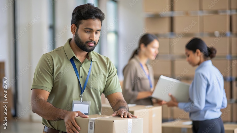 An Indian courier worker sorting and organizing packages in a busy logistics warehouse environment. An Indian courier worker sorting and organizing packages in a busy logistics warehouse environment.