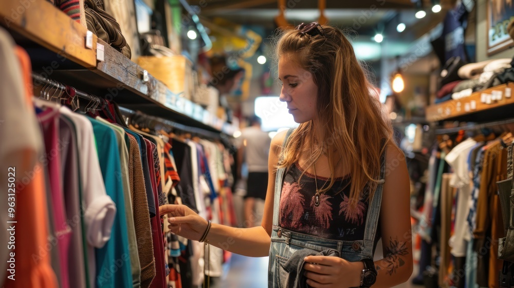 A woman looks at shirts in a department store store. A woman looks at shirts in a department store store.
