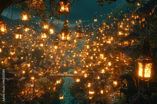 Floating glowing lanterns in night sky, festival celebration with beautiful illumination