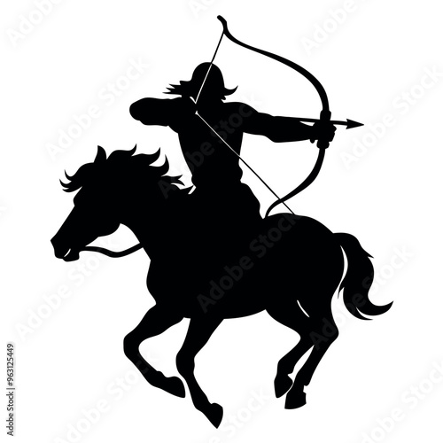 Silhouette of an archer in action pose while riding a horse black colour silhouette, isolated white background