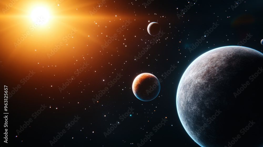 3D space elements like planets and stars in a seamless arrangement, Space, Dark tones, Digital rendering, cosmic and detailed. 3D space elements like planets and stars in a seamless arrangement, Space, Dark tones, Digital rendering, cosmic and detailed.