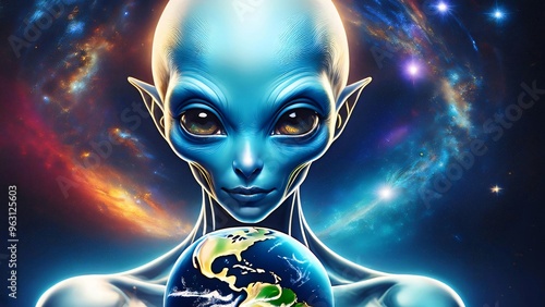 Blue-skinned alien with cosmic background, holding earth in hands