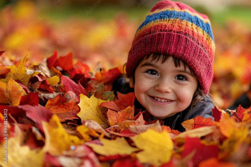 Cheerful child is enjoying a playful moment surrounded by vibrant autumn leaves Cheerful child is enjoying a playful moment surrounded by vibrant autumn leaves