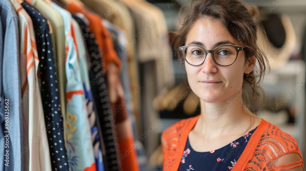 photograph of A woman standing in front of a rack of shirts photograph of A woman standing in front of a rack of shirts