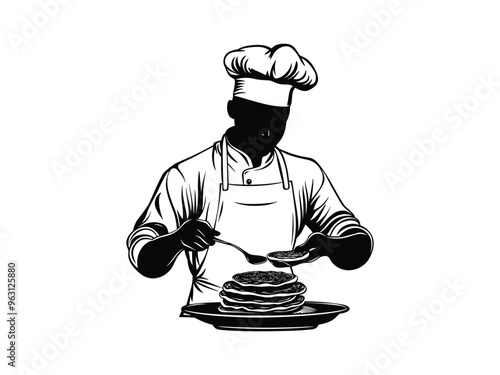 Playful Cartoon Chef Character Enjoying Pancakes - Perfect for Pancake Day Designs and Restaurant Mascots.