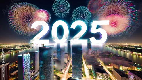 2025 city skyline with fireworks, night-time new year celebration