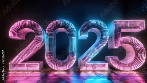 2025 sparkling pink typography with glowing blue lights, festive design