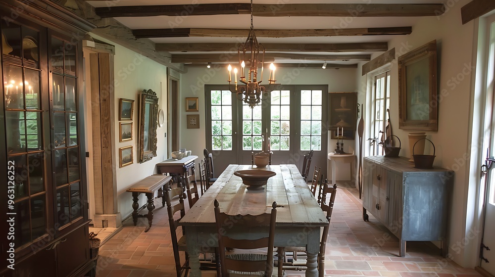 Fototapeta premium Rustic dining room featuring natural wood, earthy tones, and farmhouse elements. 
