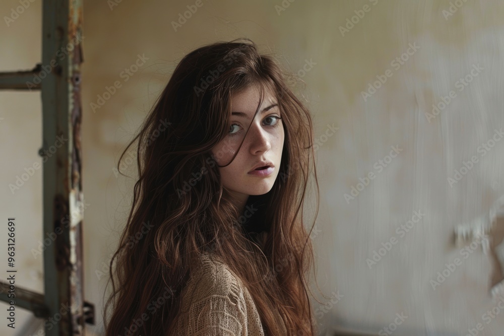 Fototapeta premium photograph of A woman with long brown hair standing in a room