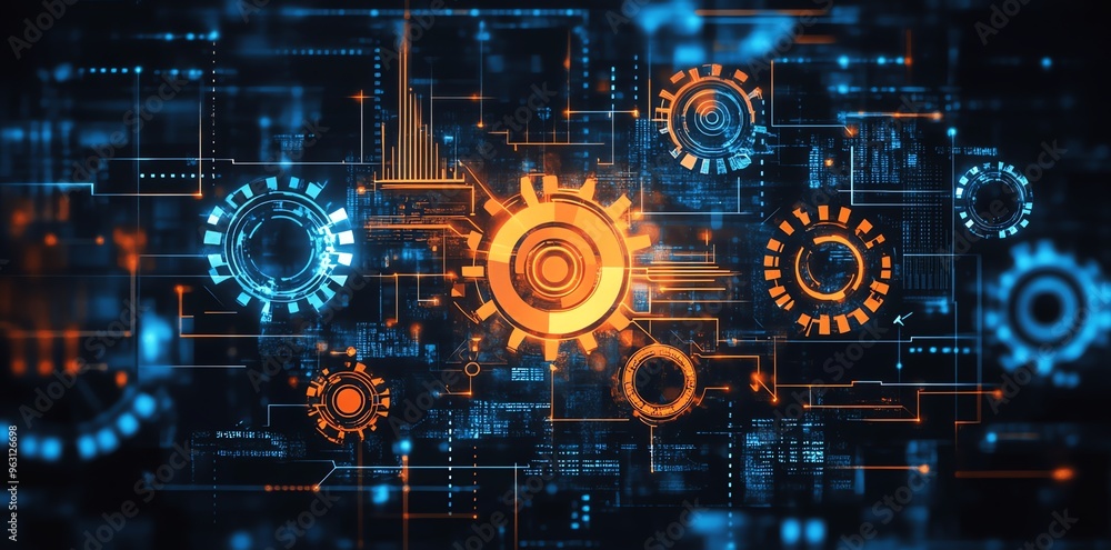 Abstract futuristic digital background with glowing gears.
