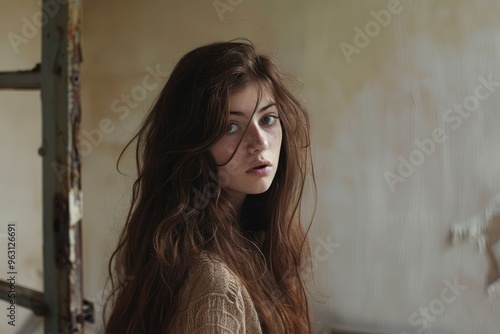 photograph of A woman with long brown hair standing in a room