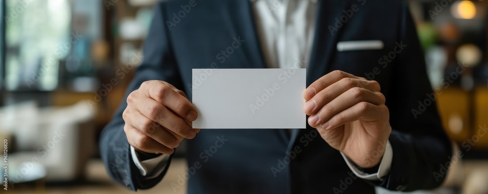 A professional man in a suit holds a blank business card, ideal for creating your own designs or branding projects. A professional man in a suit holds a blank business card, ideal for creating your own designs or branding projects.