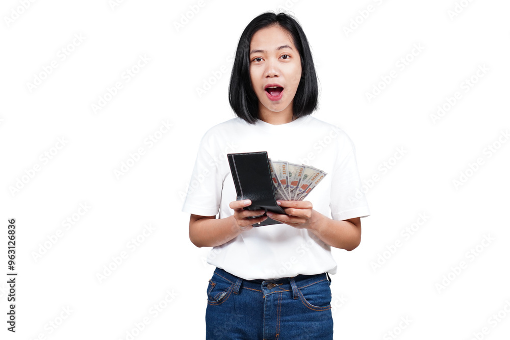 An excited asian woman with money and wallet isolated transparent An excited asian woman with money and wallet isolated transparent