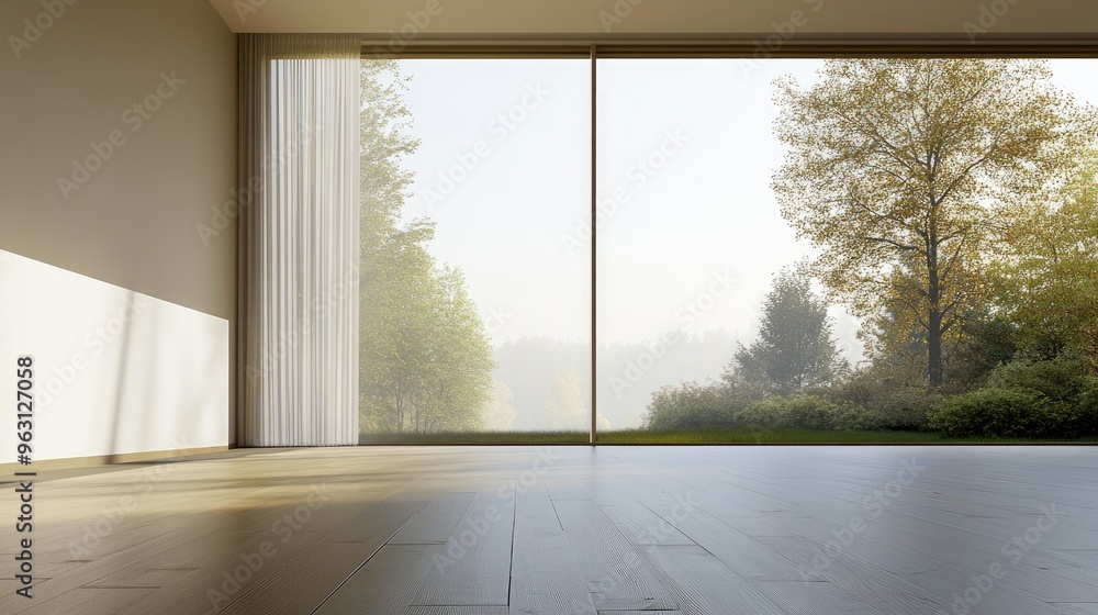 Fototapeta premium Empty Room with Large Window and View of Forested Landscape