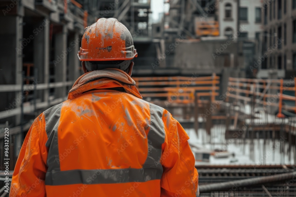 Back view of construction worker at construction site, building in uniform orange uniform Back view of construction worker at construction site, building in uniform orange uniform
