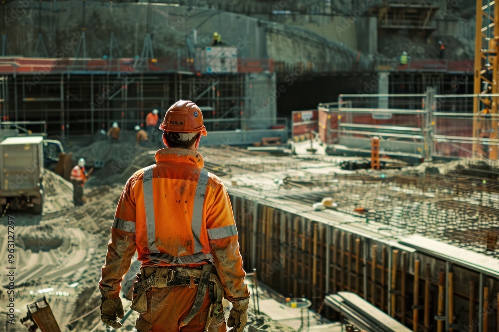 Back view of construction worker at construction site, building in uniform orange uniform Back view of construction worker at construction site, building in uniform orange uniform