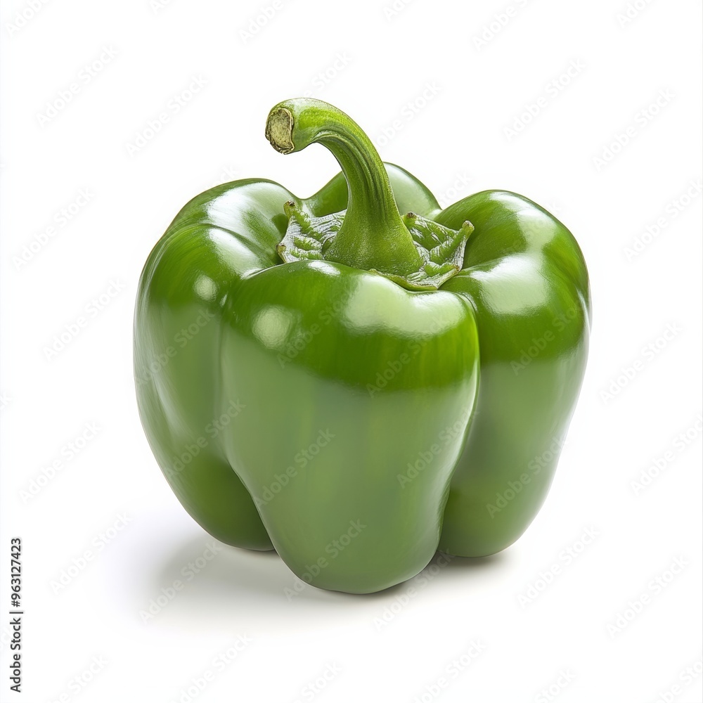 A bright and glossy green pepper, isolated on a white background, with its stem prominently visible A bright and glossy green pepper, isolated on a white background, with its stem prominently visible