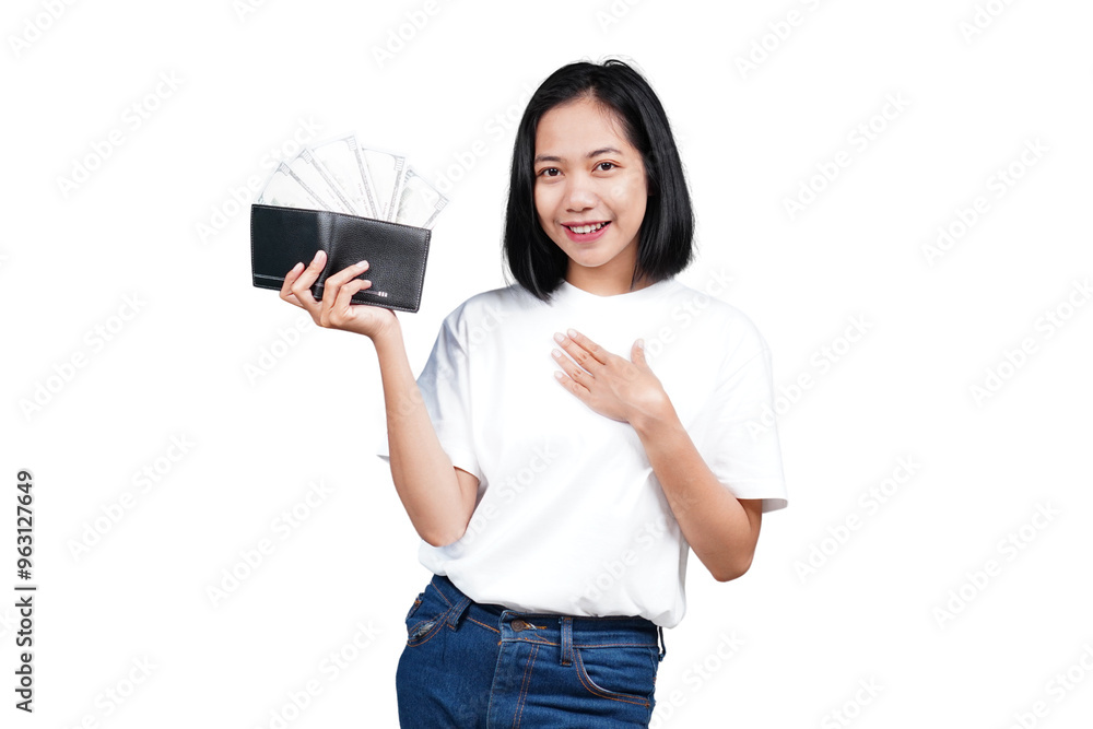 An excited asian woman with money and wallet isolated transparent An excited asian woman with money and wallet isolated transparent