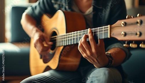 A person is sitting alone playing an acoustic guitar with a simple background, showing a leisurely atmosphere, and his fingers flexibly pressing the strings.