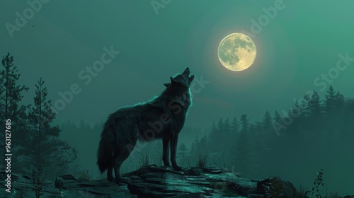 Wolf Howling at the Full Moon in a Dark Forest