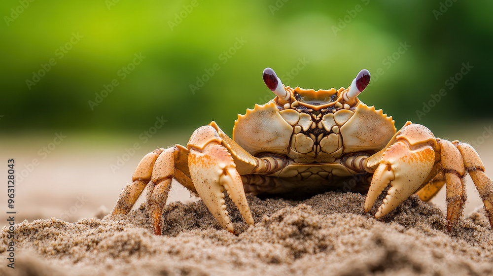Crabs emerging from their burrows on a sandy beach at low tide Crabs emerging from their burrows on a sandy beach at low tide
