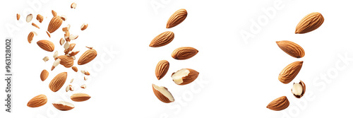 Set of A close-up shot of a heap of almonds in various stages of processing, including whole, sliced, and crushed almonds on Transparent Background