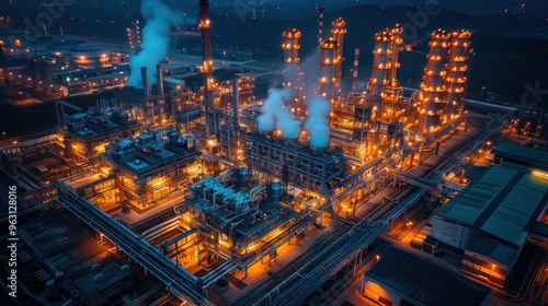 Gas fired power plant and factory building at night. Also called gas fired power station or natural gas power plant.
