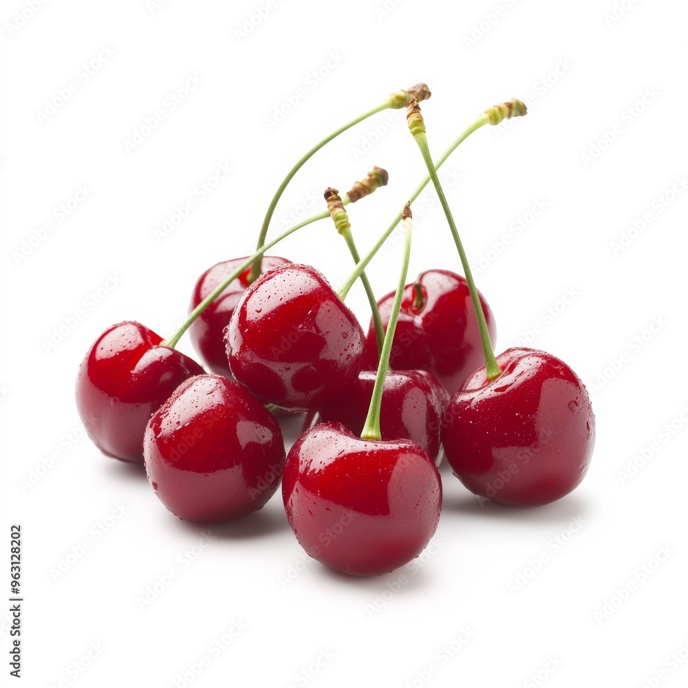 A bunch of ripe, shiny red cherries with green stems resting on a clean white background A bunch of ripe, shiny red cherries with green stems resting on a clean white background