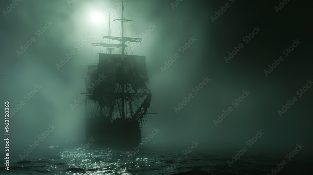 Sailing Ship In Foggy Sea At Night Sailing Ship In Foggy Sea At Night