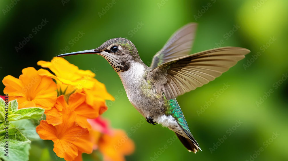 Fototapeta premium Hummingbird hovering near a vibrant flower, highlighting energy metabolism and feeding