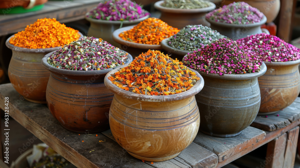 Colorful Dried Flowers and Herbs in Clay Pots Colorful Dried Flowers and Herbs in Clay Pots