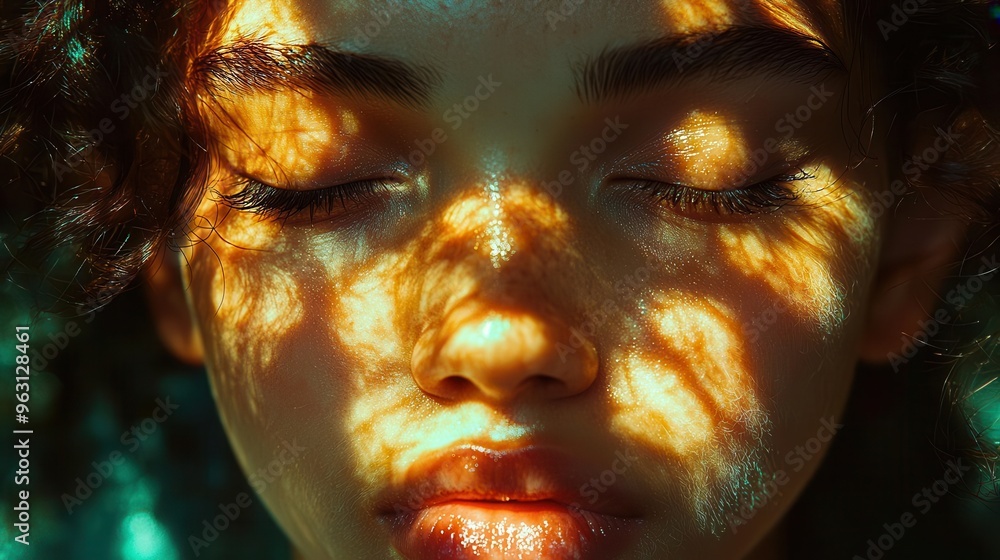 A serene portrait capturing a person's face illuminated by dappled sunlight, highlighting natural beauty and tranquility A serene portrait capturing a person's face illuminated by dappled sunlight, highlighting natural beauty and tranquility