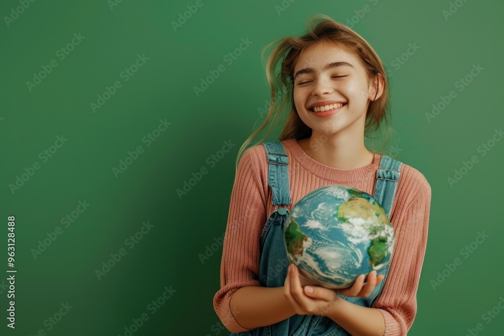 photograph of Joyful young woman holding Earth globe on green background for Earth Day photograph of Joyful young woman holding Earth globe on green background for Earth Day