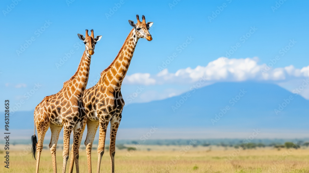Obraz premium Giraffes browsing on acacia trees in an African savanna