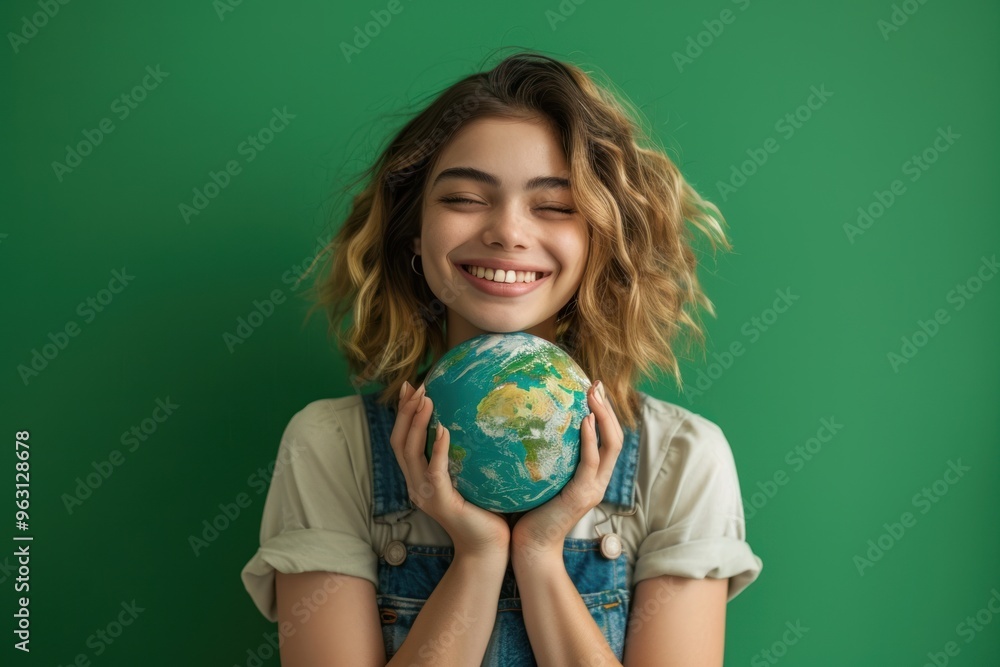 photograph of Joyful young woman holding Earth globe on green background for Earth Day photograph of Joyful young woman holding Earth globe on green background for Earth Day