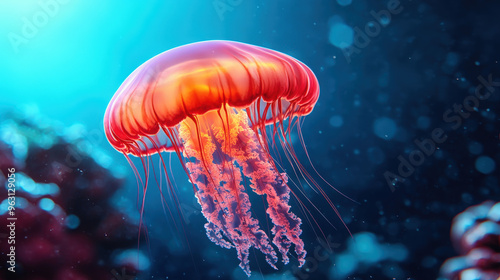 Bioluminescent jellyfish illuminating a coral reef at night, creating a vibrant underwater ecosystem, Marine life, Deep-sea symbiosis