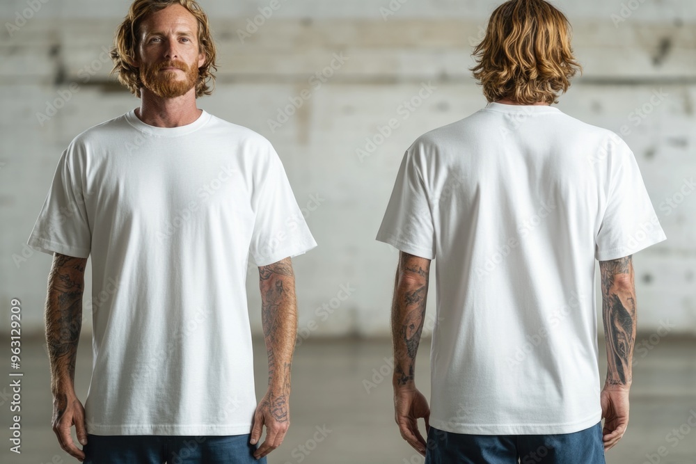 Mockup of white oversize t-shirt with front and back view on a male model, design template for print Mockup of white oversize t-shirt with front and back view on a male model, design template for print