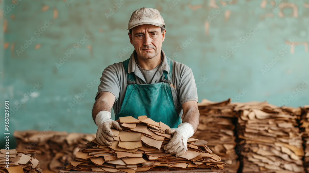 Worker in a tannery mill, portrait with leather products, mill, leather industry. Worker in a tannery mill, portrait with leather products, mill, leather industry.