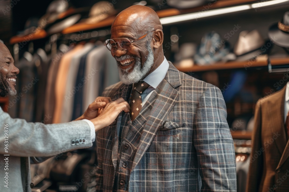 A middle-aged man smiles happily as he tries on a plaid suit with the help of a tailor in a suit shop. A middle-aged man smiles happily as he tries on a plaid suit with the help of a tailor in a suit shop.