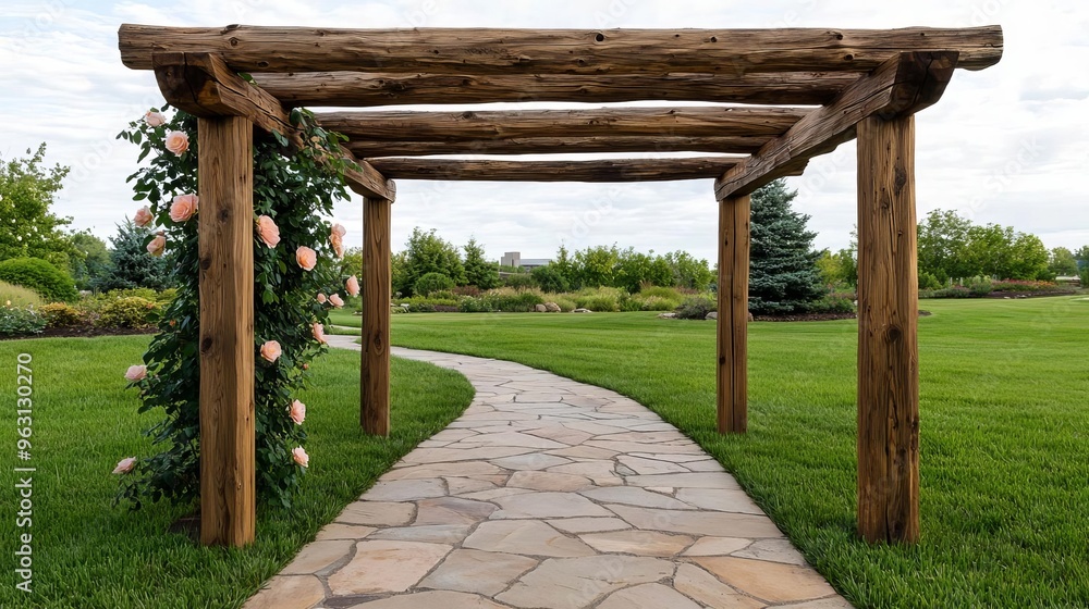 Rustic Wooden Pergola with Climbing Roses, countryside garden, stone pathway, natural wood texture, soft morning light, vintage charm Rustic Wooden Pergola with Climbing Roses, countryside garden, stone pathway, natural wood texture, soft morning light, vintage charm
